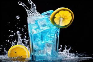 ai genererad gul bakgrund friskhet glas soda stänk frukt kall färsk flytande dryck dryck foto