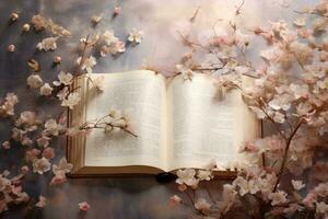 ai genererad vit trä- tabell trä romantisk sida bibliotek bok gammal poesi öppen blomma papper retro foto