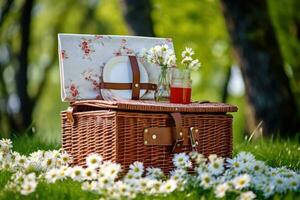 ai genererad grön fritid gräsmatta helgen sommar natur mat lunch picknick solig semester fält vår foto