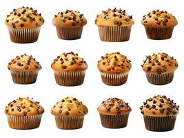 ai genererad choklad chip muffin kaka samling isolerat på vit bakgrund. foto