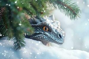 ai genererad jurassic xmas bakgrund jul Lycklig vinter- vit djur- träd snö Semester reptil foto