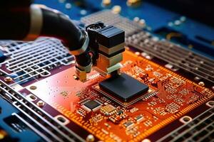ai genererad teknologi moderkort makro ingenjör tech digital elektricitet styrelse halvledare chip foto