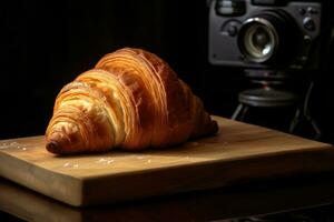 ai genererad tabell mellanmål mat brun bakgrund Kafé frukost bulle gott utsökt färsk bageri bröd foto