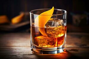 ai genererad whisky dryck gammal kall tabell mörk fest rom bakgrund orange brandy glas bourbon foto