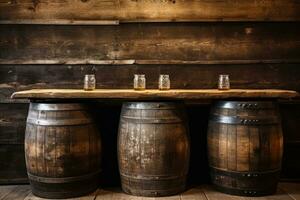 ai genererad bränneri vintillverkare lagring gammal årgång öl whisky tunna alkohol källare kagge dryck foto