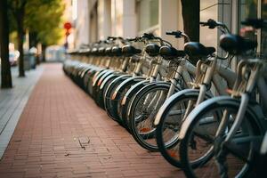 ai genererad rad av elektrisk Cyklar parkering i de stad. generativ ai. foto