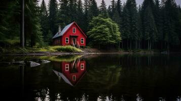 ai genererad liten röd hus i de trän nära de sjö. ensam hus i de skog foto