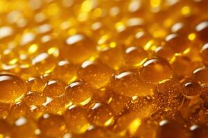 ai genererad textur av flytande honung. gyllene droppar. gul bakgrund foto