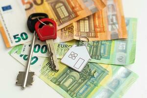modell av hus med nycklar på euro räkningar. stänga upp. foto