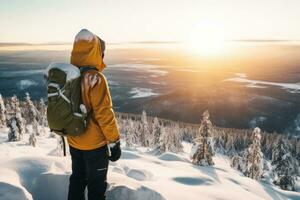 ai genererad grupp av manlig vandrare beundrande en naturskön se från en berg topp. äventyrlig ung män med ryggsäckar. vandring och vandring på en natur spår. reser förbi fot. foto