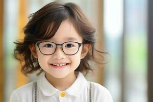 ai genererad porträtt av ett söt liten pojke bär glasögon. huvud skott av leende person bär glasögon. foto