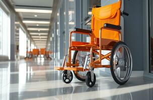 ai genererad rullstol i de sjukhus korridor. 3d tolkning och illustration. foto