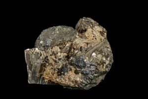 makro sten pyrit mineral med flusspat på en svart bakgrund foto