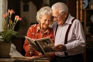 ai genererad äldre par ser på en fotoalbum inomhus- foto