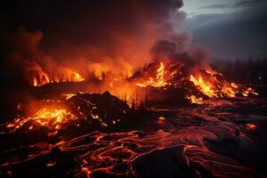 ai genererad natt vulkanisk utbrott i trädbevuxen område foto