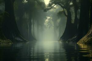 ai genererad mystisk översvämmad skog, dyster Bayou landskap foto