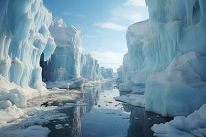 ai genererad arktisk havsbild, hav textavsnitt mellan isberg foto