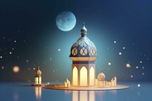 ai genererad illustration av eid mubarak natt med ljus av en lampa, papper stil, lyx Lycklig eid bakgrund, ai generativ foto
