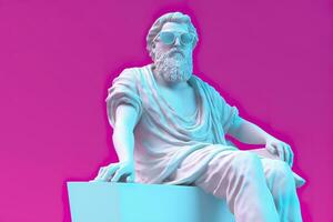 ai genererad en vit staty av Plato i en Häftigt utgör, bär magenta och cyan 3d glasögon, redo till fest. ai generativ foto