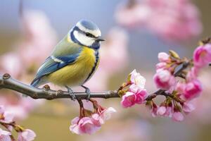 ai genererad en bluetit fågel vilar på de gren. eurasian blå mes foto