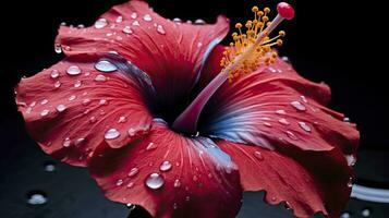 ai genererad en hibiskus blomma med vatten en mörk bakgrund. foto