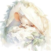 ai genererad en sömnig bebis mus i en strö, vattenfärg illustration. foto