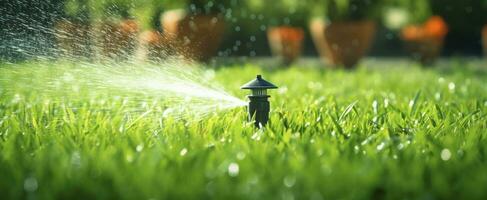 ai genererad automatisk trädgård gräsmatta sprinkler i verkan vattning gräs. ai genererad foto