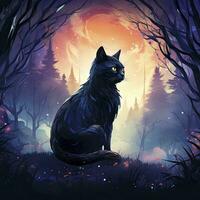 ai genererad svart katt i månljus skog. vattenfärg för t-shirt design. ai genererad foto