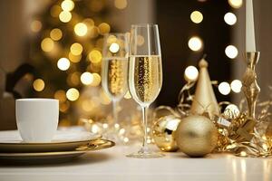 ai genererad jul tabell miljö med Semester dekorationer i vin flaska och vin glasögon mot bokeh bakgrund foto