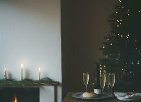 ai genererad champagne glasögon med mat och jul träd i levande rum, interiör livsstil firande ny år estetisk stil foto