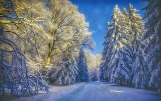 ai genererad vinter- viskar, förtjusande snökysst skog landskap fångar de majestätisk skönhet av en lugn frysta skog scen foto