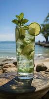 ai genererad fantastisk Foto av cocktail mojito, en solig sommar strand i de bakgrund. generativ ai