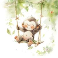 ai genererad söt Lycklig bebis apa på gungor på en träd i vattenfärg. ai genererad foto