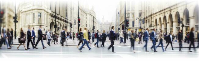 ai genererad gående människor fläck. massor av människor promenad i de stad av london. bred panorama- se av människor korsning de väg. ai genererad foto