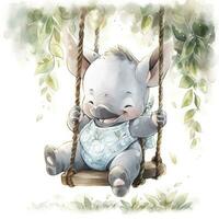 ai genererad söt Lycklig bebis noshörning på gungor i de träd i vattenfärg stil. ai genererad foto