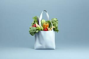 ai genererad matvaror full väska. vit handla väska med grönsaker i ljus blå bakgrund. generativ ai foto
