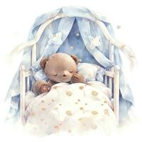 ai genererad en sömnig bebis Björn i en strö. vattenfärg illustration. ai genererad foto