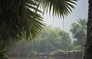 ai genererad regn i de tropikerna under de låg säsong eller monsun säsong. regndroppar i en trädgård. generativ ai foto