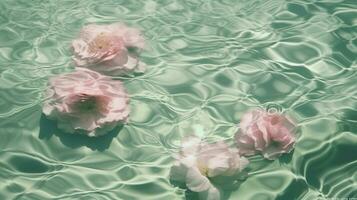 ai genererad rosa pioner i en mynta grön krusigt vatten med Sol bländningar platt lägga foto