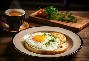 ai genererad friterad ägg på bröd och kopp av kaffe för frukost. friterad ägg med bröd på tallrik över trä- tabell, topp se, kopia Plats. foto