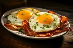 ai genererad frukost uppsättning, friterad ägg, grönsak, örter och bacon. på de tabell. foto