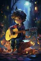 ai genererad tecknad serie pojke spelar gitarr, söt liten pojke spelar musik foto