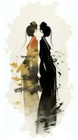 ai genererad 3d illustration av en silhuett av en skön kvinna, silhuett av en flicka i en lång klänning och en kvinna i en lång klänning, japansk flicka silhuett foto