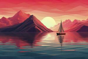 ai genererad berg landskap med sjö och solnedgång. tecknad serie illustration av nordlig natur landskap. foto