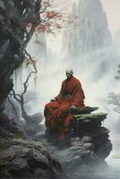 ai genererad buddist munk i meditation på skön stenar bakgrund på hög berg eller klippa, digital illustration foto