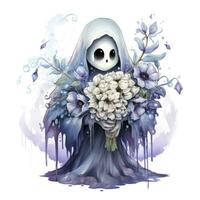 ai genererad en fantastisk spöke innehav blomma bukett och njuter de fester av halloween, ai genererad foto