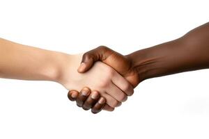 ai genererad handslag mellan två olika människor av caucasian och afrikansk härkomst foto