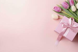 ai genererad mors dag begrepp. rosa gåva låda med band rosett och en bukett av tulpaner. ai genererad foto