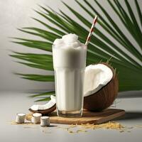 ai genererad kokos mjölk skaka glas med färsk skivad kokos. generativ ai foto