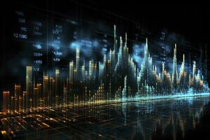 ai genererad digitalt genererad valuta och utbyta stock Diagram för finansiera och ekonomi baserad dator programvara och kodning visa. ai genererad foto